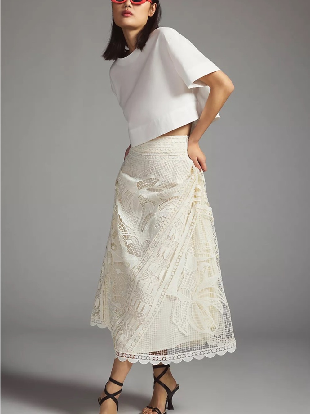 EUC FARM RIO ANTHROPOLOGIE Guipure White Maxi Skirt S Embroidered Cream Brazil - Picture 1 of 13